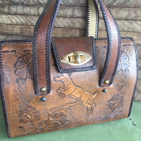 Handbags - Vintage Leather Tooled Purse/Bag with Handles